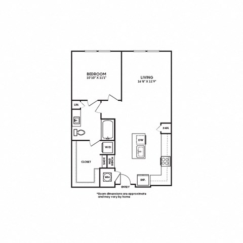 Floor plan for 1 bed, 1 bath, 768 sqft